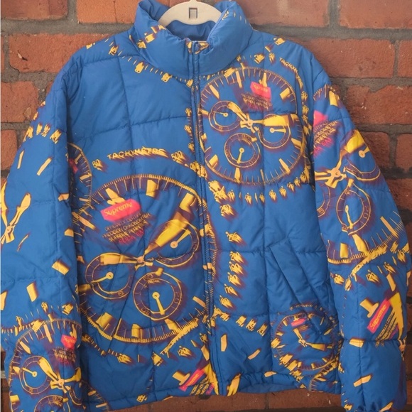 Supreme Vibrant Blue and Yellow Clock Puffer Jacket